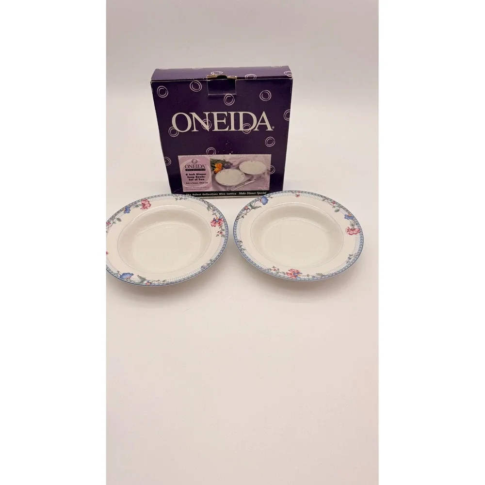Oneida Blue Lattice Fine Porcelain 8 Inch Dinner Soup Bowls Set of 2 Floral Rim